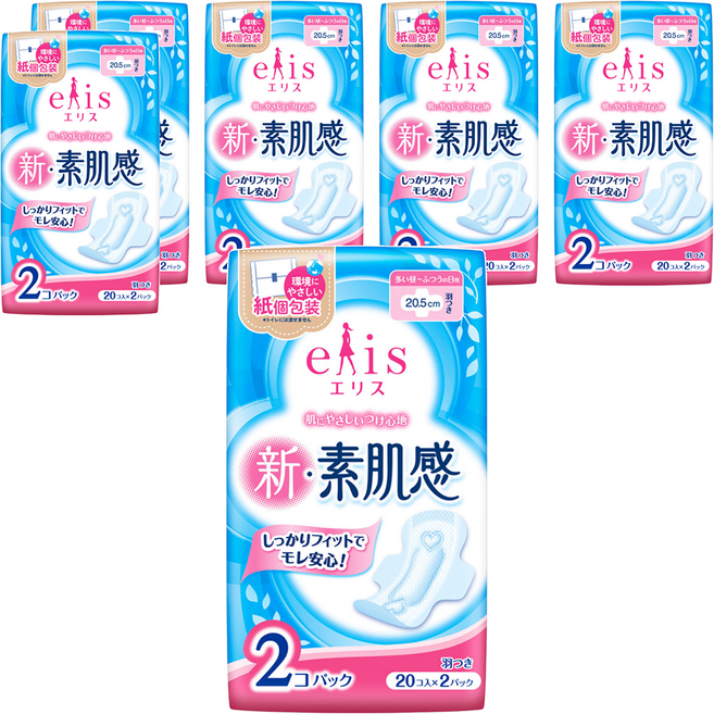 elleair 艾黎艾爾 elis 愛麗思 日本原裝進口 素肌感超薄衛生棉, 日用蝶翼型(20.5cm), 40片, 6包