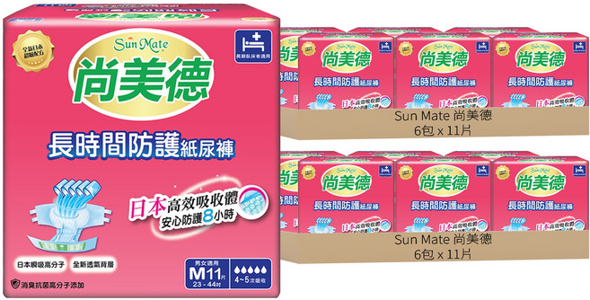 Sun Mate 尚美德 長時間防護成人黏貼型紙尿褲, M, 11片, 12包
