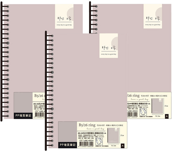 LI WEY 立威 B5 26孔PP增頁筆記莫蘭迪日安 IIA, 3本, 單一顏色