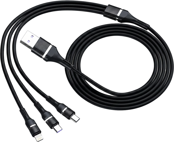 編織3合1快充充電線傳輸線 Type-C, 優雅黑, 120cm, 1條