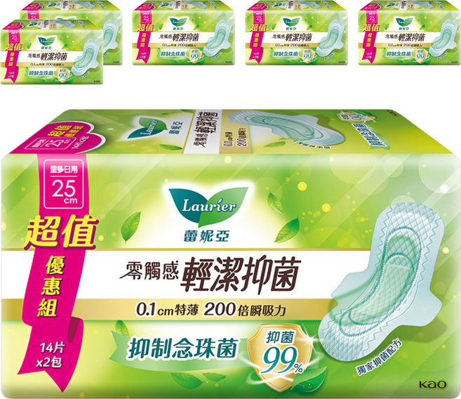 Laurier 蕾妮亞 台灣公司貨 零觸感特薄輕潔抑菌衛生棉 護翼型, 量多日用型(25cm), 28片, 6包