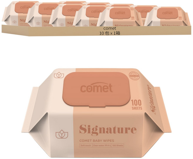 comet Baby Wipes Signature 寶寶濕紙巾 掀蓋式 加厚型, 55g, 100張, 10包