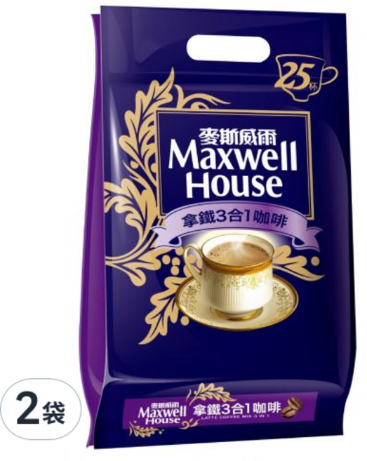 Maxwell House 麥斯威爾 拿鐵3合1咖啡, 14g, 25包, 2袋
