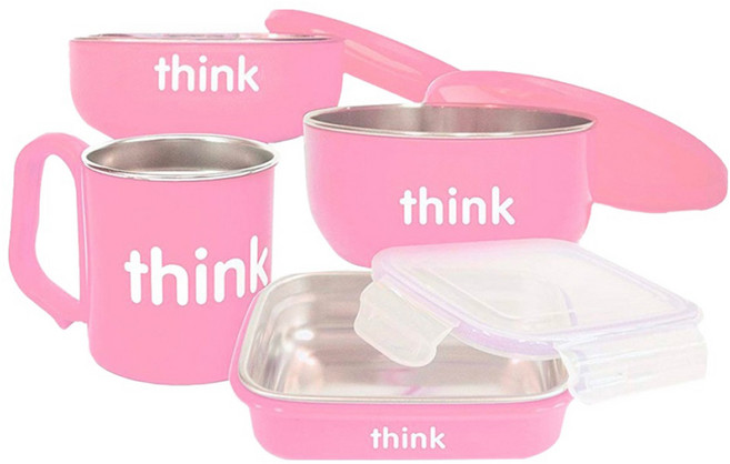 thinkbaby 環保不鏽鋼兒童餐具組, 湯碗 + 淺口碗 + 餐盒 + 水杯, 粉色, 1組