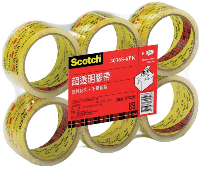 3M Scotch OPP超透明封箱膠帶 6卷裝 黏性持久 不易斷裂 48mm x 36.6M, 透明色, 1組