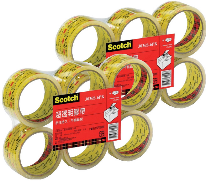 3M Scotch OPP超透明封箱膠帶 6卷裝 黏性持久 不易斷裂 48mm x 36.6M, 透明色, 2組