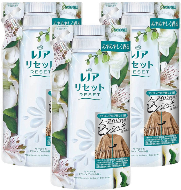 Lenor 蘭諾 日本原裝進口 RESET 防皺除臭抗縮芳香衣物柔軟精 山百合綠清香補充包, 480ml, 3包