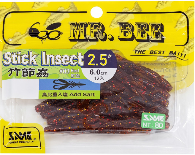 MR.BEE 蜜蜂先生 竹節蟲軟蟲 魚餌 2.5吋 12條, 紅色, 12個