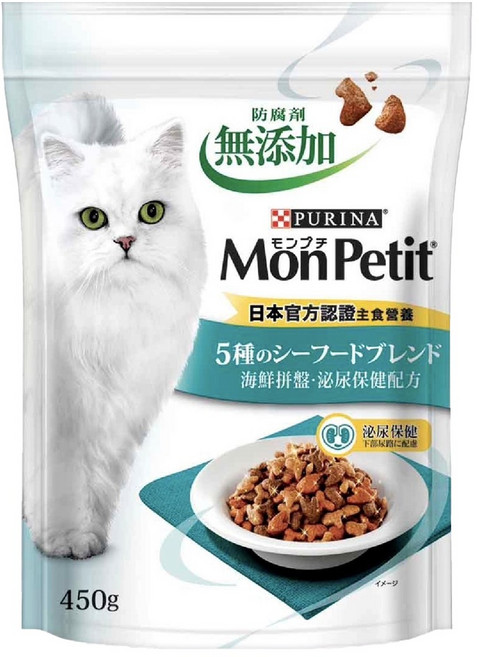 MonPetit 貓倍麗 成貓 乾飼料, 鮪魚 + 鰹魚 + 鯛魚 + 蝦 + 蟹, 450g, 1袋