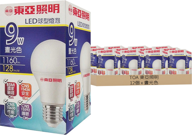 TOA 東亞照明 LED 球泡燈 9W LLA60-9AAD6, 晝光色(6500K), 12個