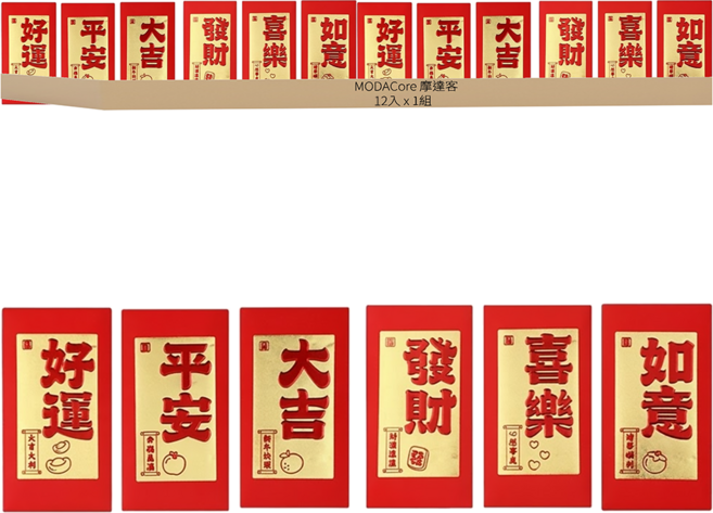 MODACore 摩達客 春節開運招財 精緻大燙金底紅字心想事成喜樂紅包袋套組(12入一組/6款2入), 1組