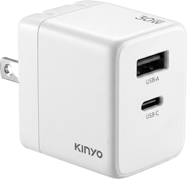 Kinyo 30W 2 Port 充電器 快速充電 氮化鎵 可折疊插頭 PD/QC 白色 APDCB-130