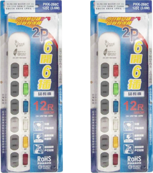 spirit 電精靈 6開6插延長線 2孔, 2條, 多色, 3.6m