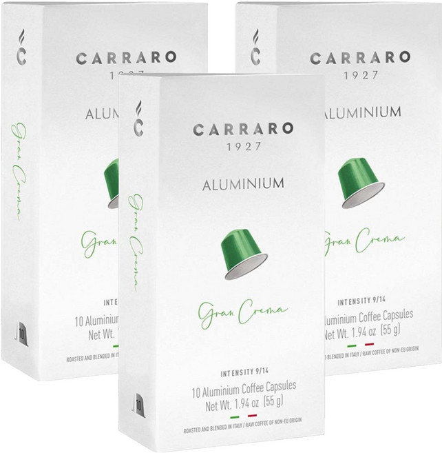 CARRARO 經典濃縮GRAN CREMA 咖啡膠囊 適用Nespresso Original 膠囊咖啡機, 5.5g, 10個, 3盒