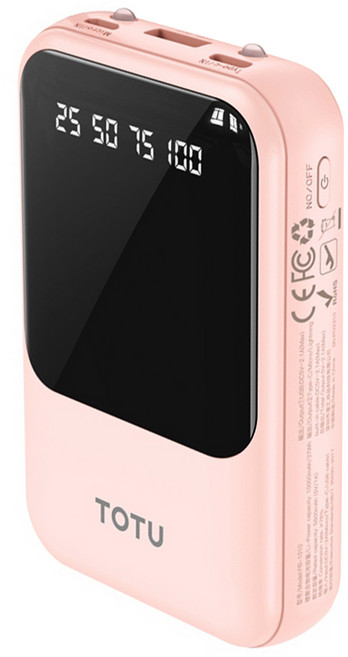 TOTU 拓途 八合一帶線數顯快充行動電源 10000mAh Lightning Type-C 安卓Micro, PB-1010, 粉色