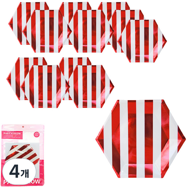 PARTYSHOW 條紋盤 20cm 6入, 金屬紅, 4個