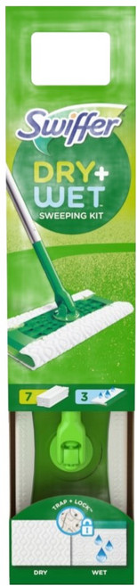 Swiffer 平板拖把 Dry + Wet 開始套組 握把 + 靜電除塵紙 7p + 濕拖巾 3p 套組 開放盒裝, 1套