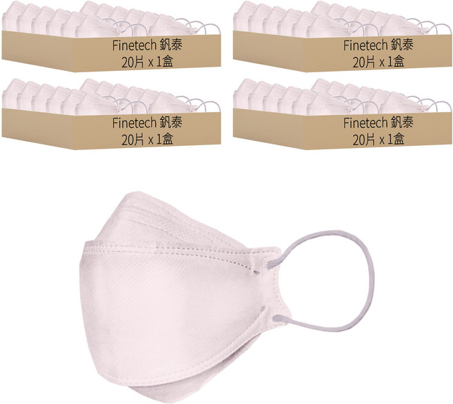 Finetech 釩泰 成人醫用立體魚型口罩 韓版KF94, 紫芋色, 20片, 4盒
