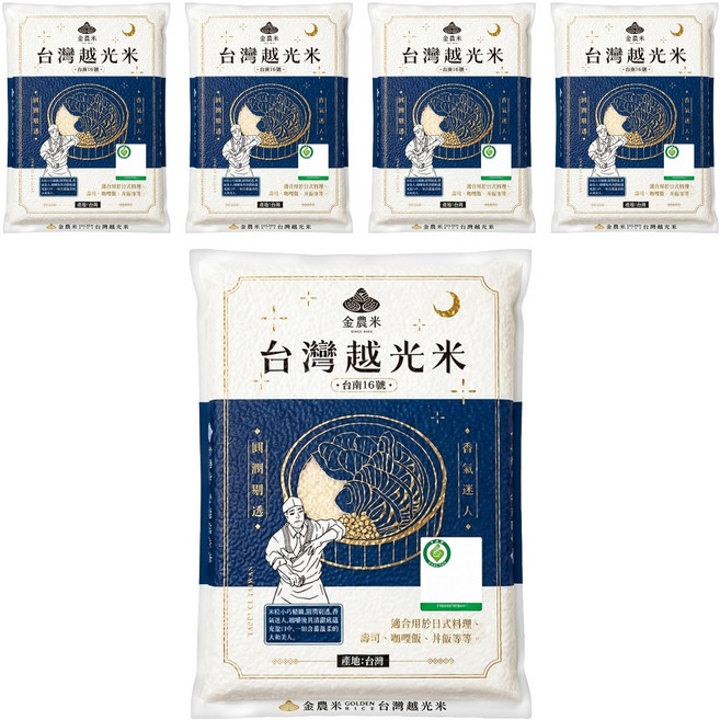 GOLDEN RICE 金農米 台灣越光米 台南16號, CNS一等, 1.8kg, 5包