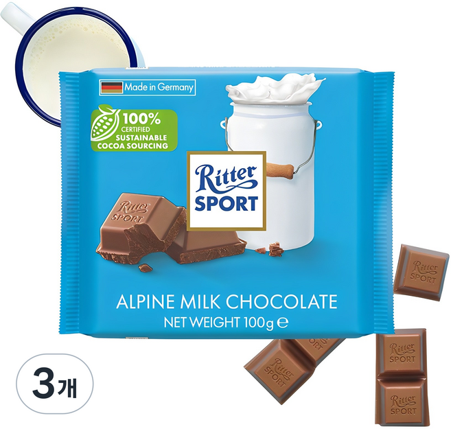 Ritter Sport 阿爾卑斯牛奶巧克力, 100g, 3個
