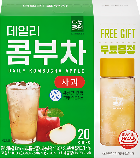 Danongwon 乳酸菌康普茶 + 瓶子 蘋果, 20包, 5g, 1盒
