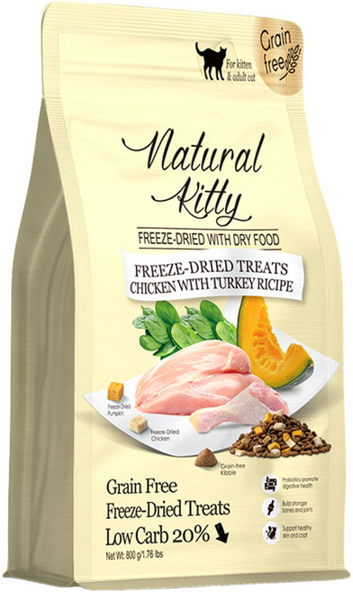 Natural Kitty 自然小貓 低碳無穀凍乾糧, 800g, 1包, 雞肉 + 火雞