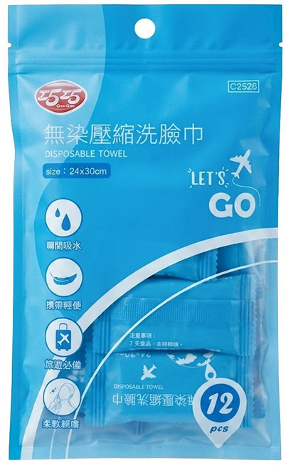 巧巧 無染壓縮洗臉巾(12入), 無染色, 1入