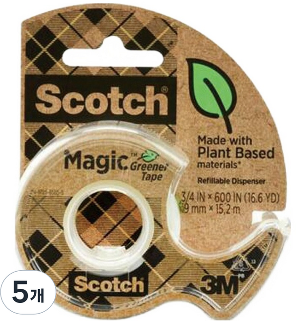 3M Scotch 思高隱形膠帶 綠色膠臺 18mm x 15m 123, 5個, 透明