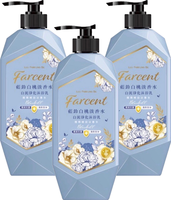 Farcent 花仙子 藍鈴白桃香水白泥淨化沐浴乳, 1kg, 3瓶