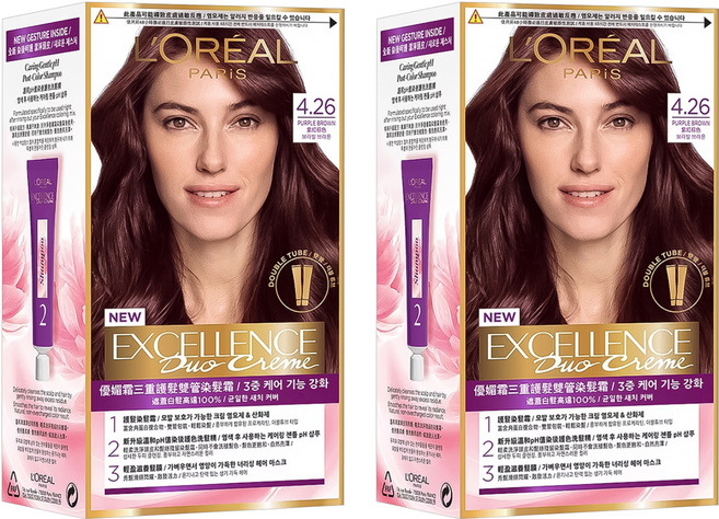 L'OREAL PARiS 巴黎萊雅 台灣公司貨 優媚霜三重護髮雙管染髮霜, 4.26 紫紅棕色, 2組