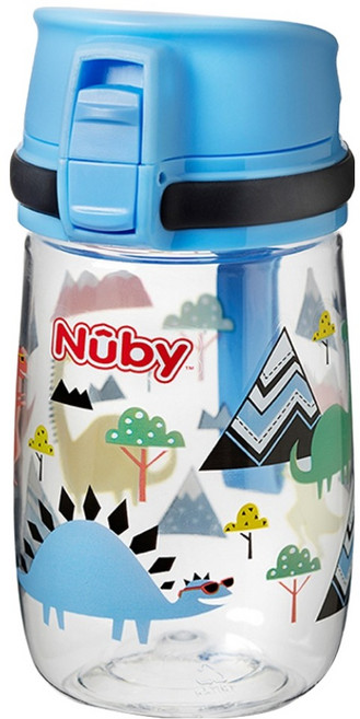 Nuby Thirsty Kids系列 彈蓋式透明水壺 18個月以上, 300ml, 1個, 藍色恐龍