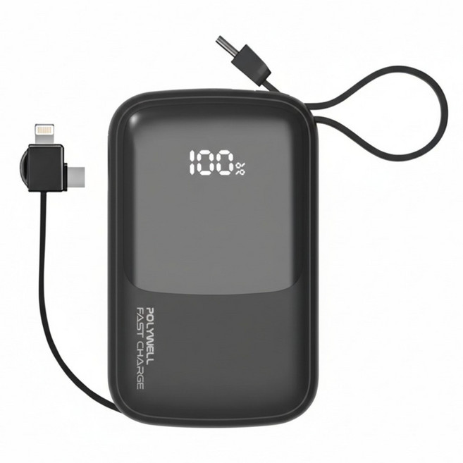 POLYWELL 寶利威爾 自帶線快充行動電源 20W 10000mAh USB-A Type-C Lightning, PW15-T16-A004, 黑色