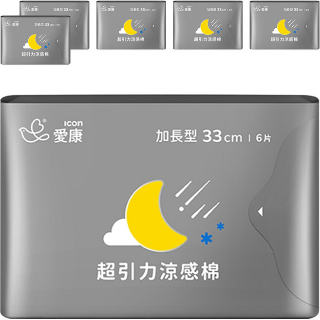 icon 愛康 超引力涼感衛生棉, 加長型(33cm), 6片, 6包