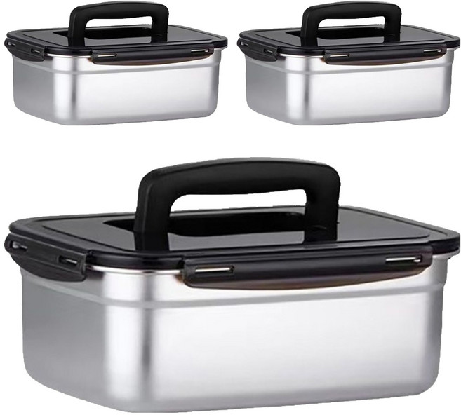 小麥購物 304不銹鋼保險盒 長方形 帶提手 L1281 2.8L, 容器 + 蓋子, 3個