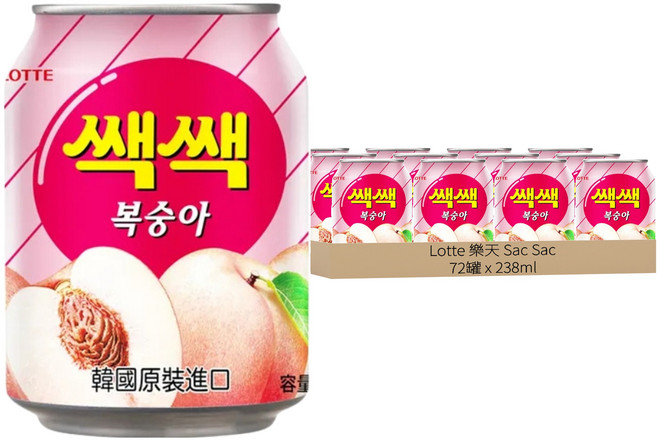 Lotte 樂天 Sac Sac 水蜜桃汁, 238ml, 72罐