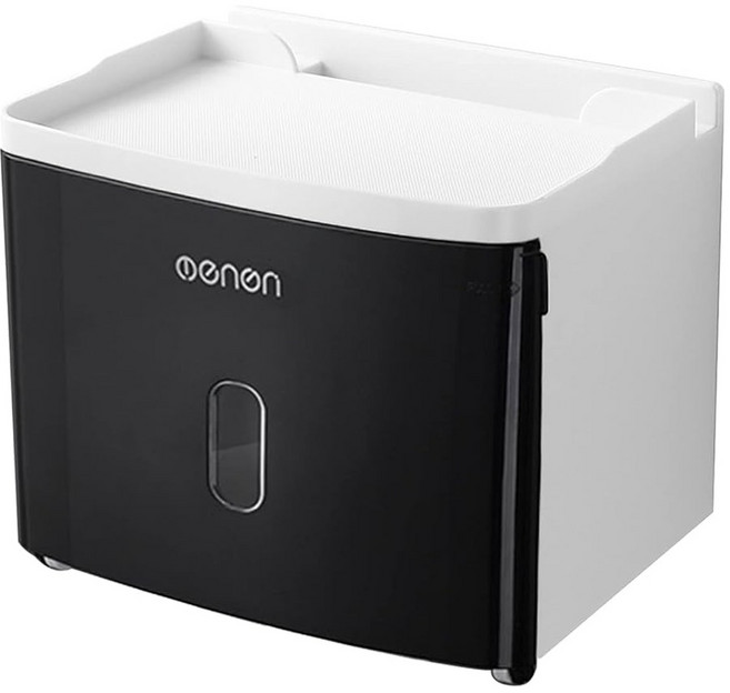 oenen 免打孔方形壁掛式防水擦手紙盒 自带捲軸 大平台置物高圍欄, 黑色, 1個