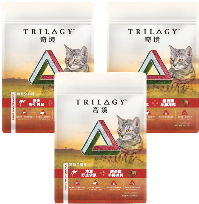 TRILOGY 奇境 無穀貓糧, 300g, 3包, 澳洲野生袋鼠 + 紐西蘭羊肺凍乾