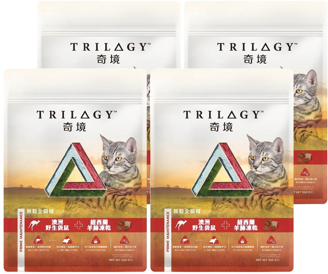 TRILOGY 奇境 無穀貓糧, 300g, 4包, 澳洲野生袋鼠 + 紐西蘭羊肺凍乾