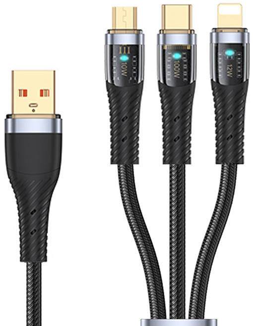 TOTU 拓途 一分三 Lightning/安卓MicroUSB/TypeC 5A 編織充電傳輸線 CB-8-3, 1.5m, 黑色, 1條