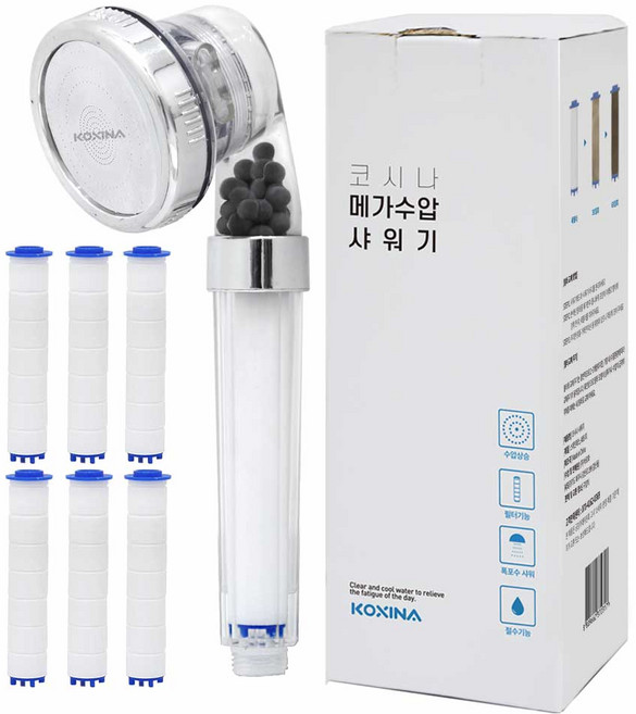 KOXINA 超強水壓3功能SPA淨水蓮蓬頭 + 濾心 6入, 1個, 白色