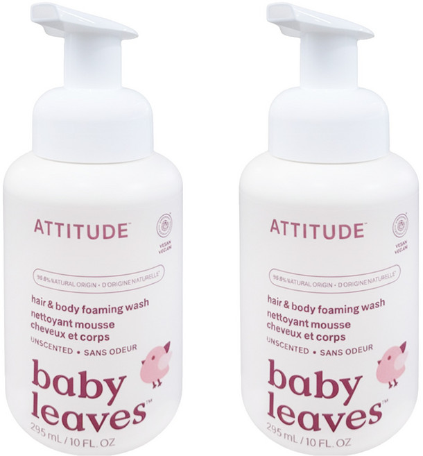 ATTITUDE 艾特優 嬰幼兒2合1泡沫洗髮沐浴露 無香味, 295ml, 2瓶