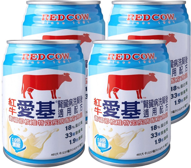 RED COW 紅牛 愛基 低電解質營養液 腎臟病洗腎後適用配方, 237ml, 4罐