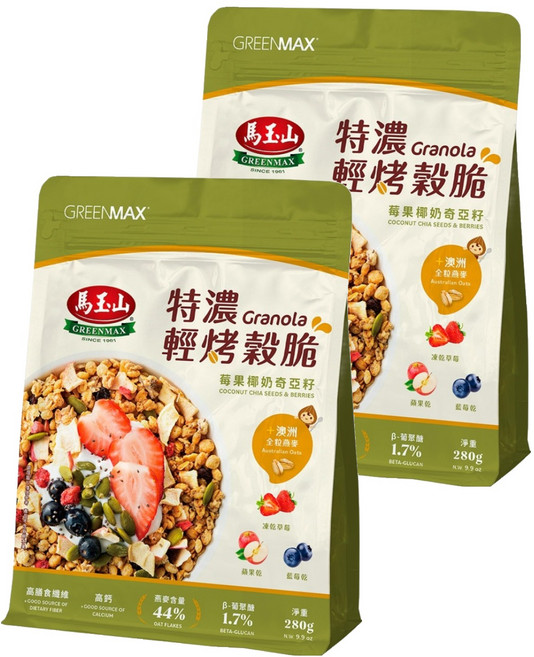 馬玉山 特濃輕烤穀脆 莓果椰奶奇亞籽, 2包, 280g
