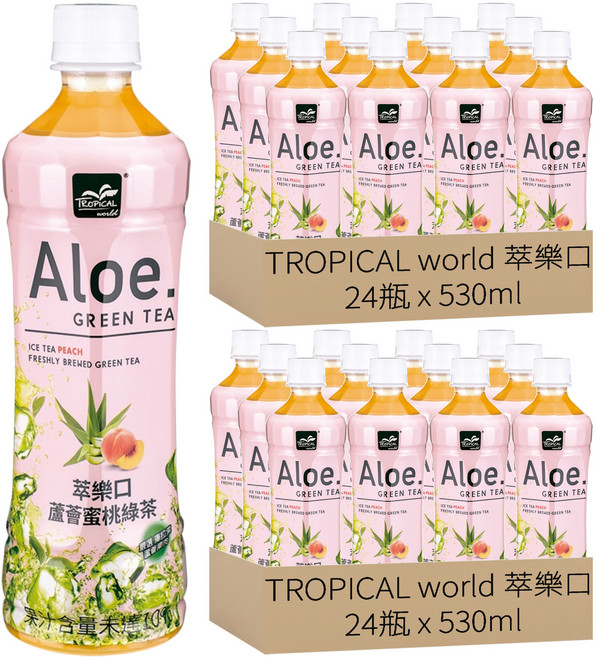 TROPICAL world 萃樂口 Aloe Green Tea 蘆薈蜜桃綠茶, 530ml, 48瓶