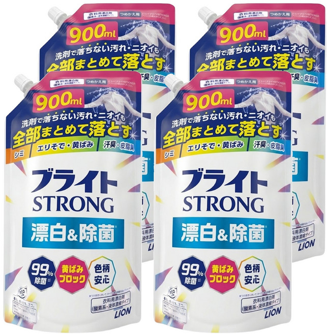 LION 獅王 STRONG 強效去污漂白劑補充包 彩色衣物適用, 900ml, 4包