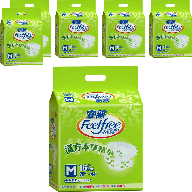 Feelfree 安親 漢方草本成人紙尿褲, M(腰圍28~44吋), 16片, 6包