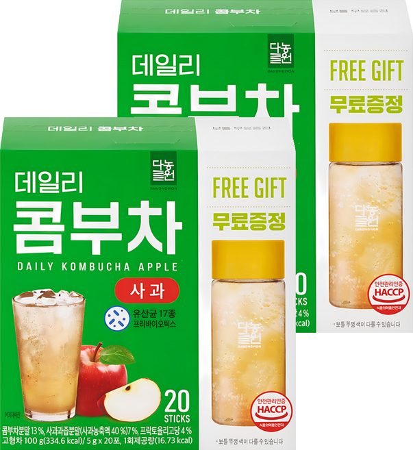 Danongwon 乳酸菌康普茶 + 瓶子 蘋果, 20包, 5g, 2盒