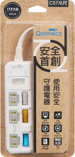 Qonnect 4開3插2P延長線, 1.8m, 白色, 1個