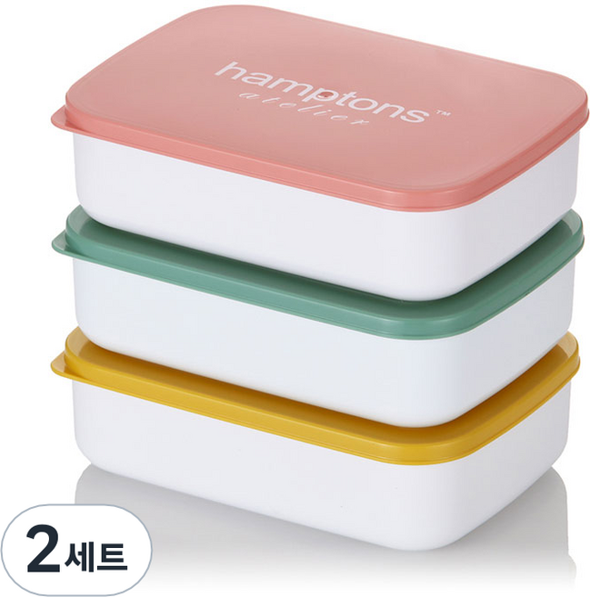Hamptons Atelier方形便當盒3件組 PN-3259 AX3P3 800ml, 2套, 綠色+粉色+黃色