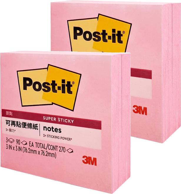 3M Post-it 利貼 狠黏便條紙 654_3SS_3 76.2x76.2mm, 粉色, 270張, 2組